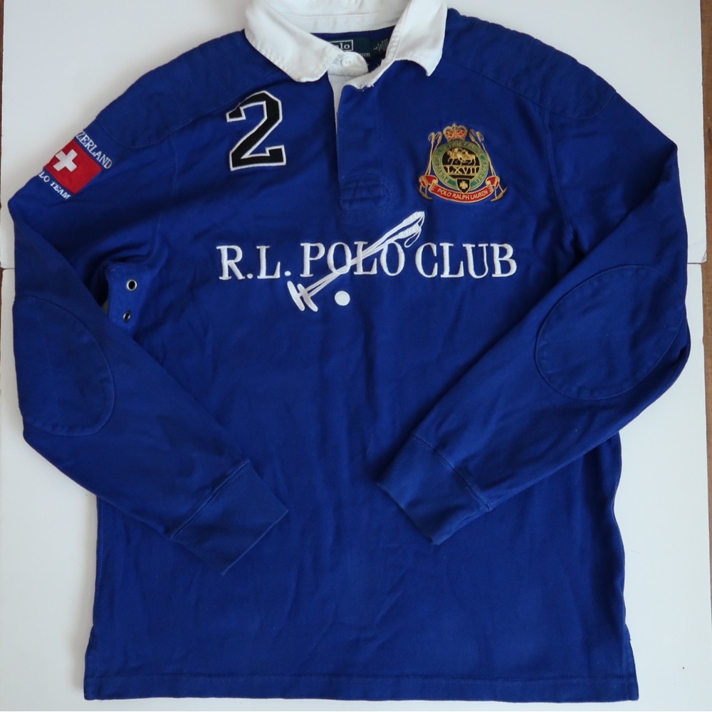 Ralph Lauren Polo Men Large Blue Custom Fit Long Sleeve Collard Shirt W Patches